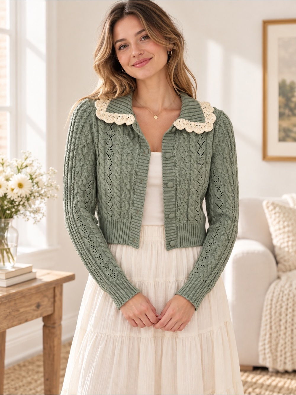 Jessica Simpson Sage Green Cable-Knit Cropped Cardigan with Cream Crochet Collar
